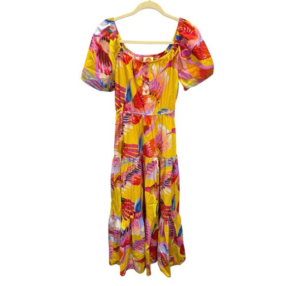 FARM RIO Neon Macaws Puff Sleeve Maxi Dress M Yellow Parrot Print Cotton Belted - Picture 7 of 12